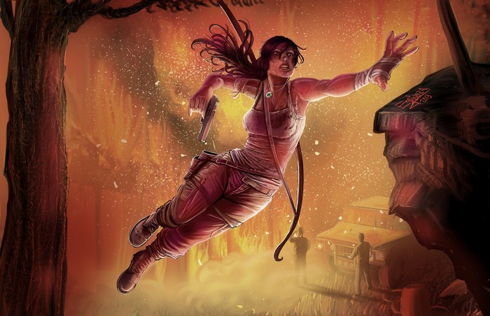 Lara Croft from Tomb Raider jumping in a fiery environment
