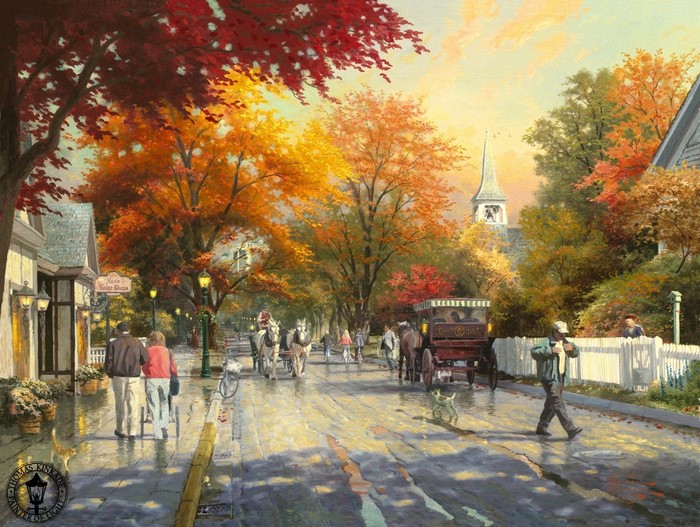 Thomas Kinkade Autumn Street Scene with Carriage