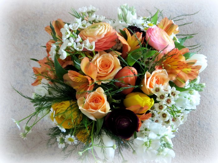 Peach Roses, Orange Alstroemeria, and White Flowers Bouquet