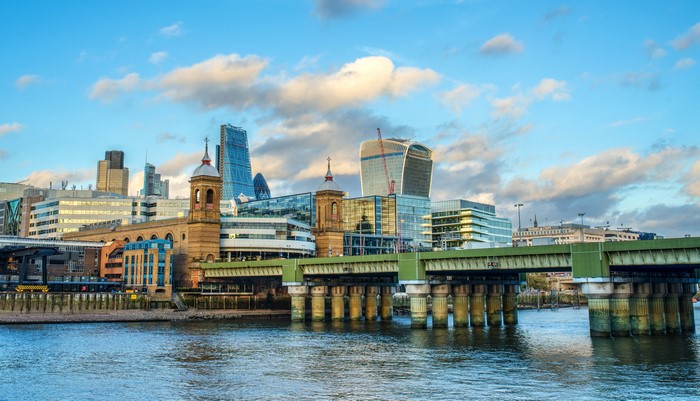 London skyline with bridge over River Thames