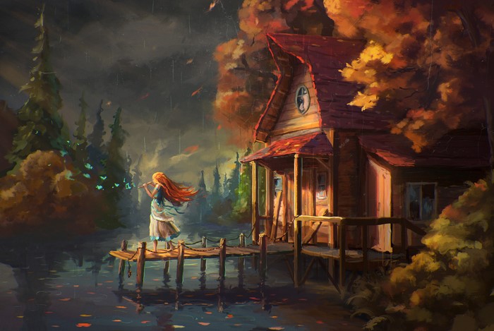 Girl playing flute by a house near a pond