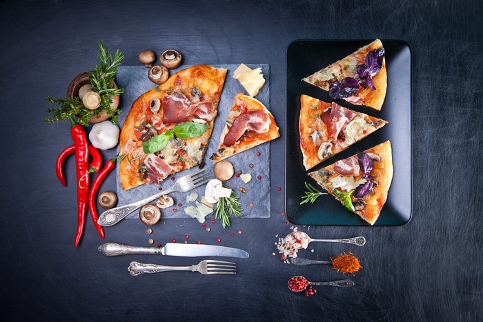 Pizza with Ham, Mushrooms, and Spices