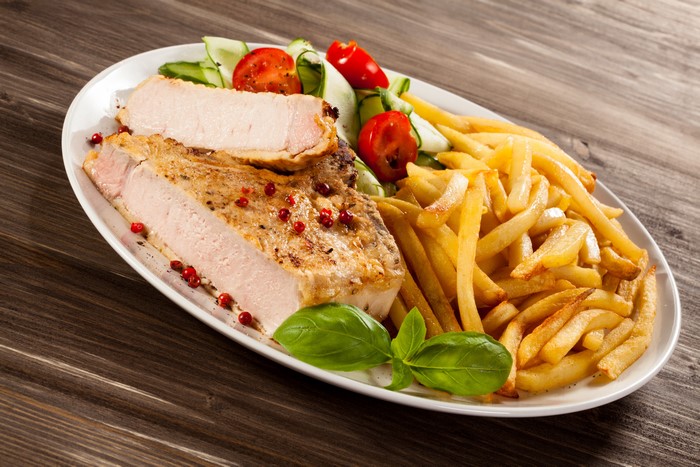 Pork chops with french fries and salad