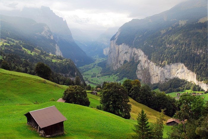Lauterbrunnen Valley, Switzerland with Mountains and Fog
