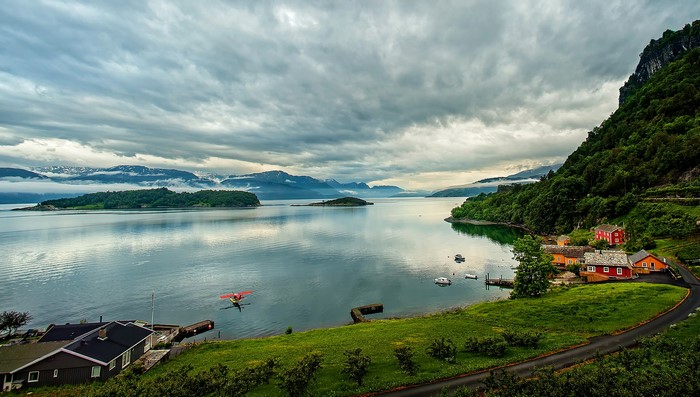 Houses on the shore of a fjord in Norway