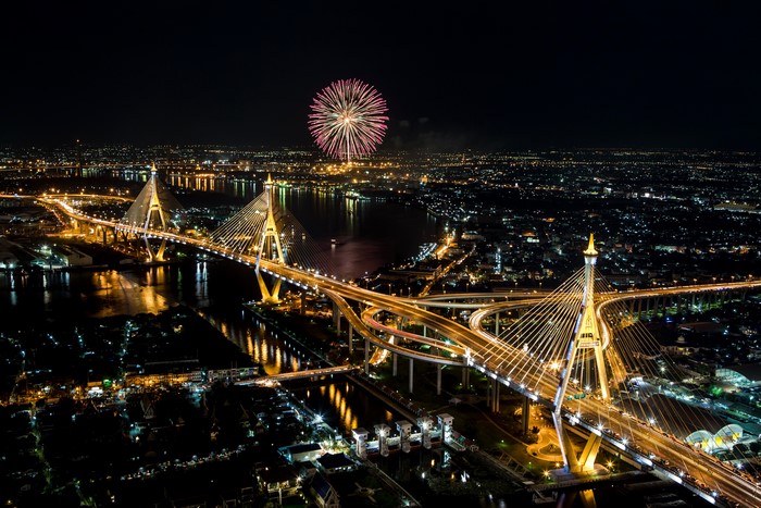 Bangkok Bhumibol Bridge at Night with Fireworks