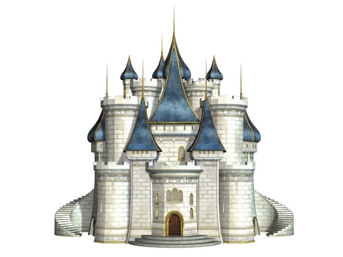 Fantasy castle with blue spires and stone walls