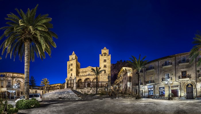 Cefalu Cathedral and buildings at night, Sicily