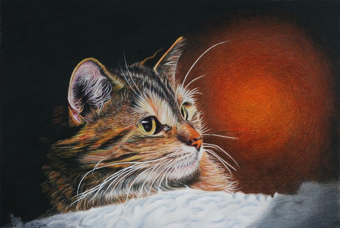 Painting of a cat looking to the right