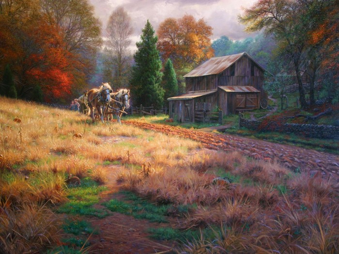 Mark Keathley painting of horses plowing a field near a barn