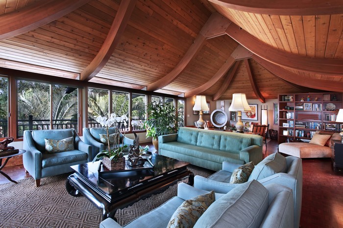 Living room with wooden ceiling and sofas