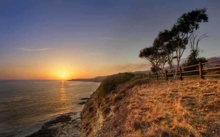 Sunset over the ocean cliff with trees and fence