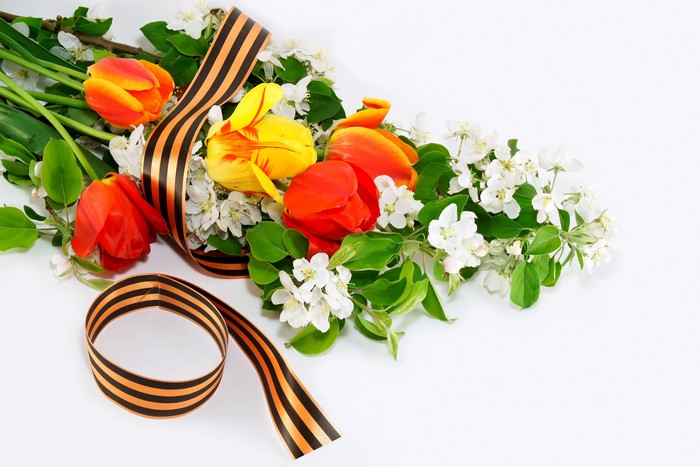 Tulips and apple blossoms with St. George's ribbon