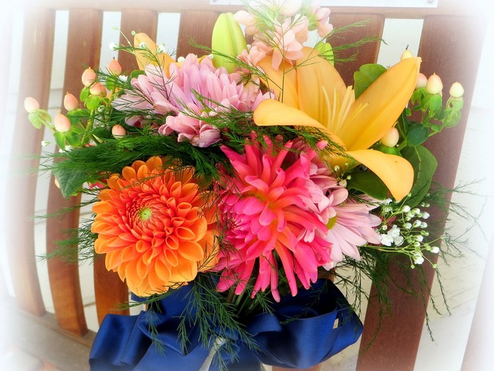Bouquet of Dahlias and Lilies with Blue Ribbon