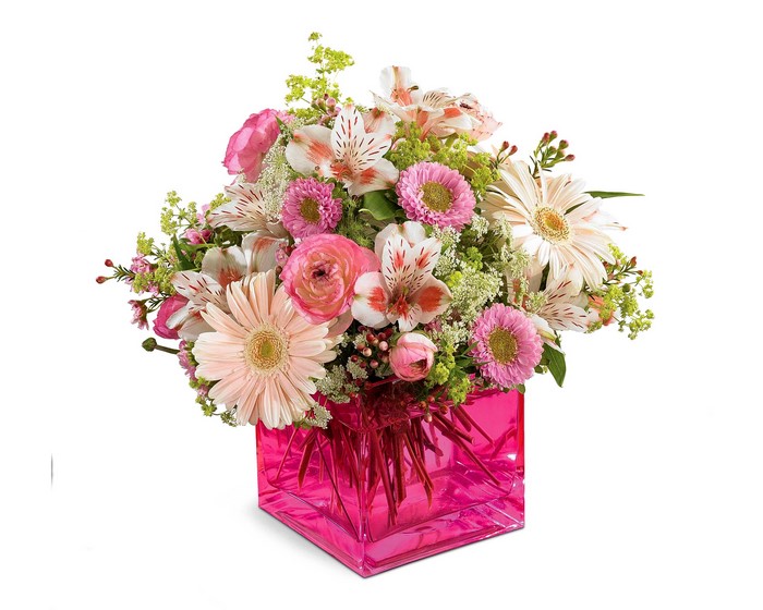 Pink and white flower bouquet in a pink vase