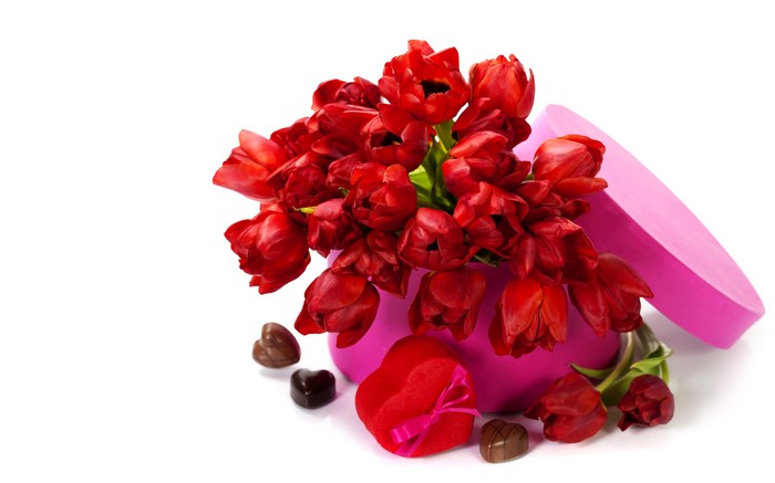 Red Tulips in a Pink Heart-Shaped Box with Chocolates