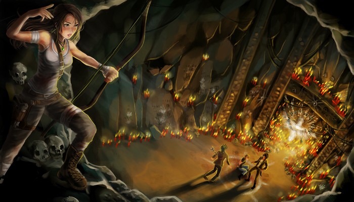 Lara Croft from Tomb Raider in a cave with candles