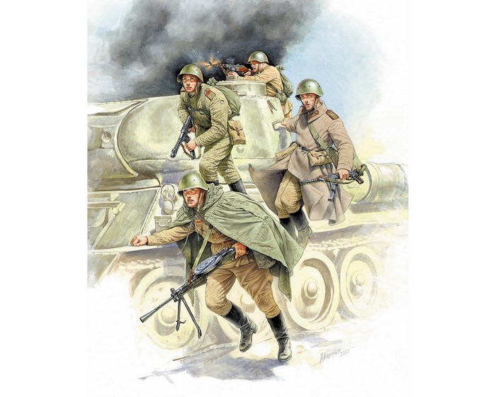 Soviet soldiers advancing with a T-34 tank