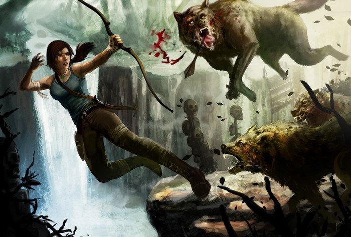 Lara Croft from Tomb Raider fighting wolves