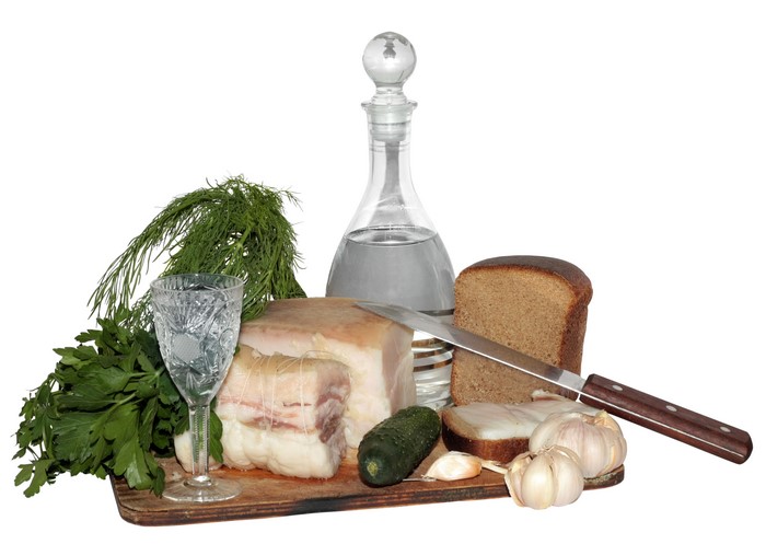 Vodka, Salo, Bread, Dill, Garlic, Cucumber, Knife, Shot glass, Bottle