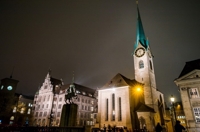 Zurich at Night: Grossmünster Church and Monument