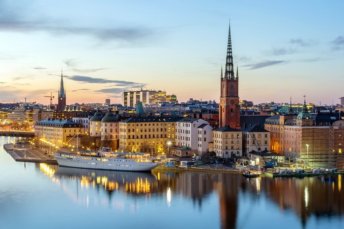Stockholm cityscape with church tower and river