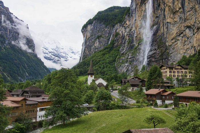 Lauterbrunnen, Switzerland: Houses and Waterfalls in Mountains