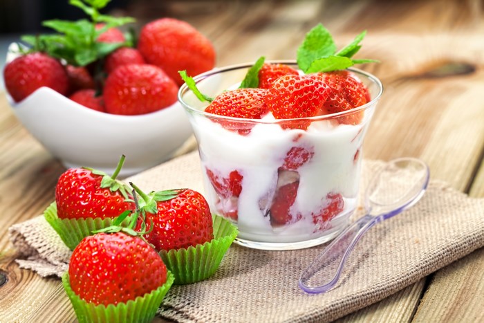 Strawberries with Yogurt and Mint in a Glass