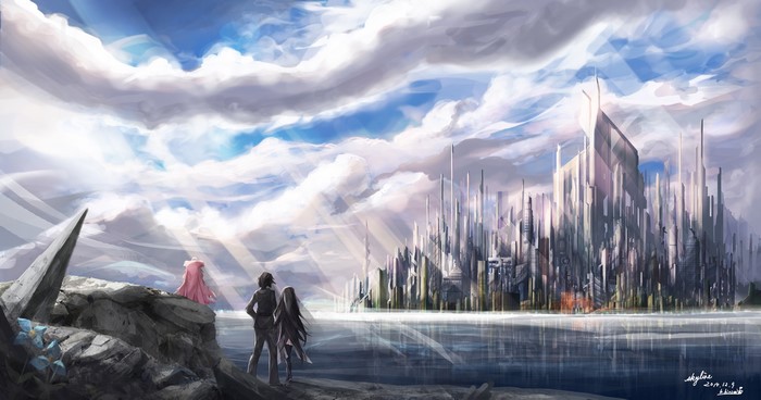 Fantastic world with futuristic city and clouds