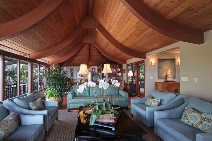 Living room with orchids and wooden ceiling