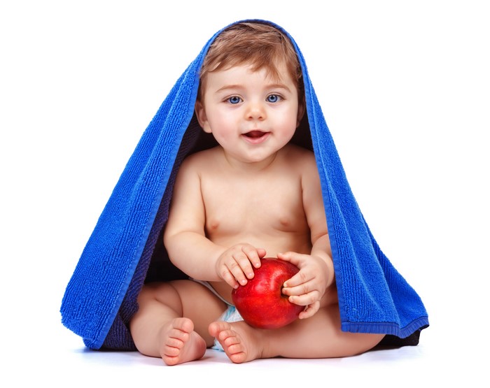 Baby with Blue Towel and Red Apple