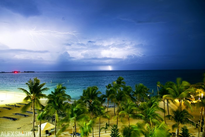 Lightning Storm Over a Tropical Beach with Palm Trees