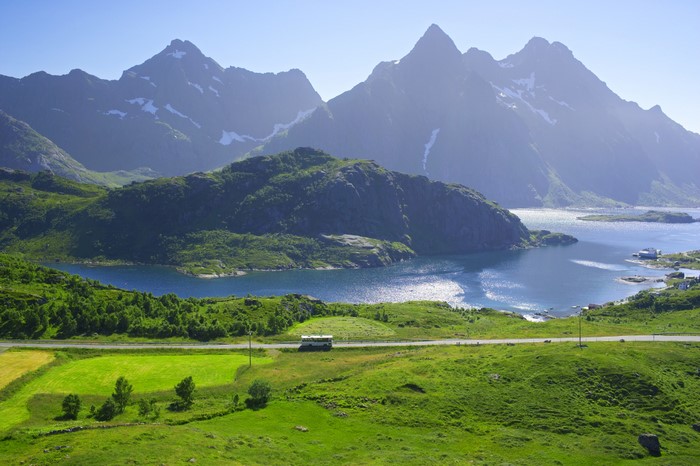 Mountains and Lake Scenery in Lofoten, Norway
