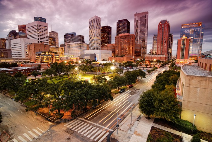 Houston skyscrapers and park at dusk