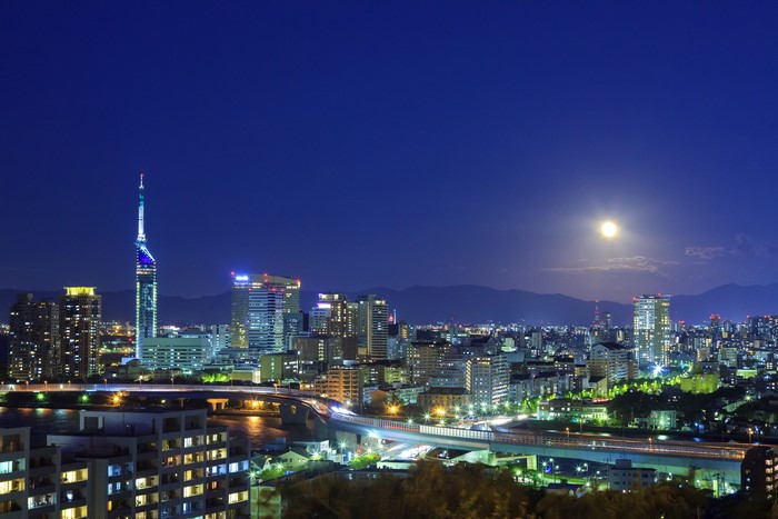 Fukuoka Cityscape at Night with Moon