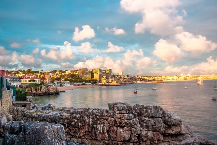 Cascais, Portugal Coastline with Buildings and Sailboats