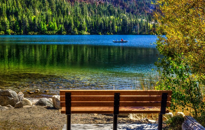 Bench overlooking June Lake, California