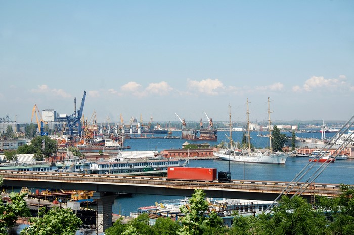 Odessa port with ships and a bridge