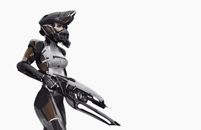 Warrior in futuristic armor holding a weapon