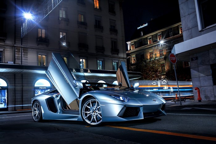 Light Blue Lamborghini Aventador LP700-4 on Asphalt