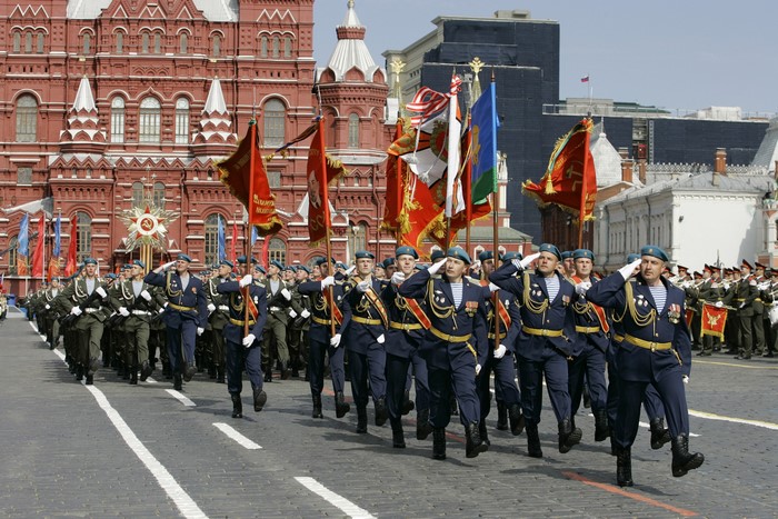 Russian Soldiers Marching in Victory Day Parade in Moscow