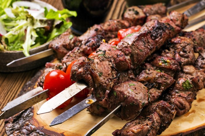 4K Meat Shashlik Skewers with Tomatoes and Salad