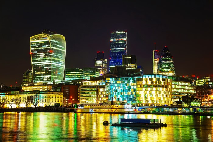 London Skyline at Night with River Thames
