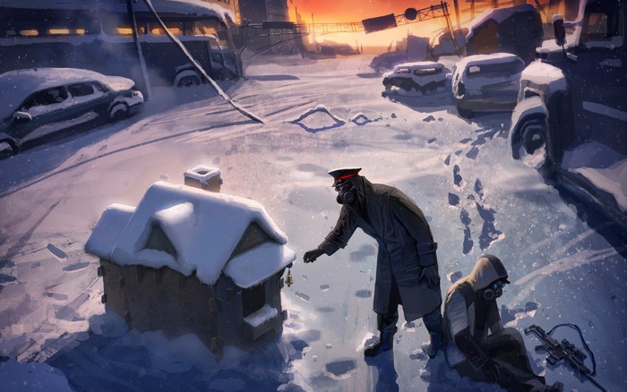 Romantically Apocalyptic Winter Scene with Figures and Destroyed City