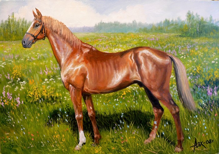 Painting of a brown horse in a field of flowers by Andrew Lyakh