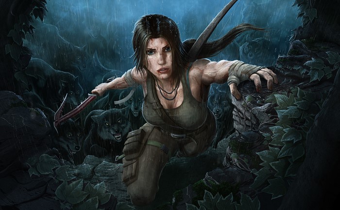 Lara Croft from Tomb Raider in a wolf attack