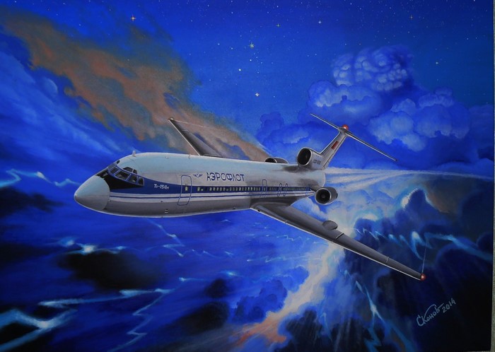 Aeroflot Tupolev Tu-154 Airplane in Night Sky