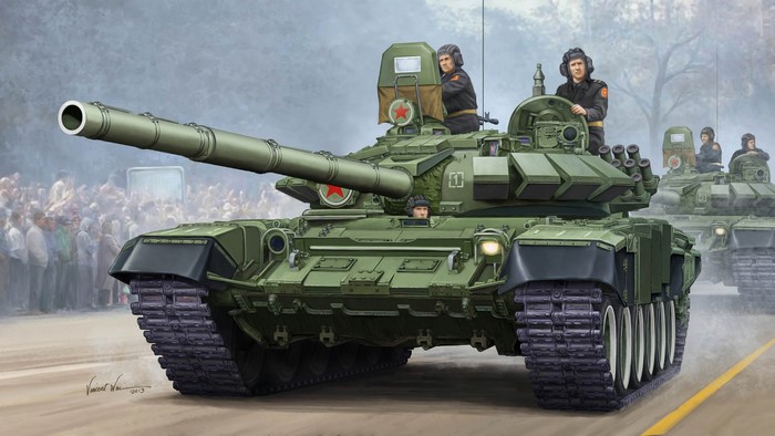 T-72B tanks with crew in parade formation