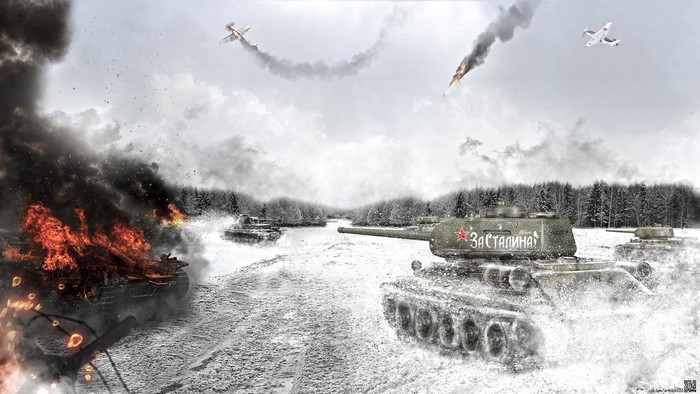 T-34 Tanks in a Snowy Battle with Aircraft
