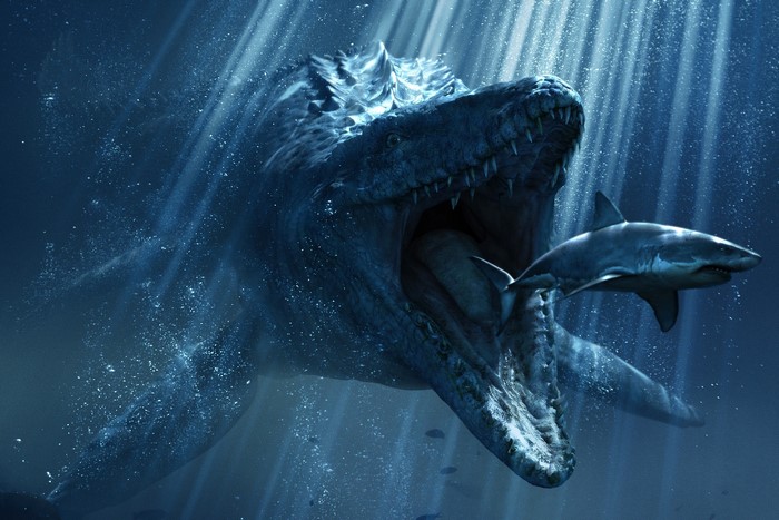 Mosasaurs and shark underwater in Jurassic World